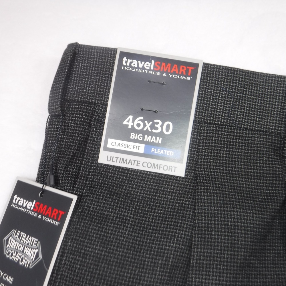 Roundtree & Yorke TravelSmart Big Man Dress Pants 46x30 Grey Pleated Classic Fit